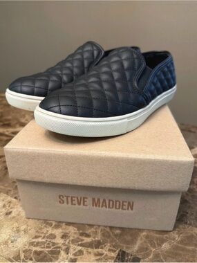 Steve Madden Black Quilted Slip-On Sneakers with White Sole. Box included.